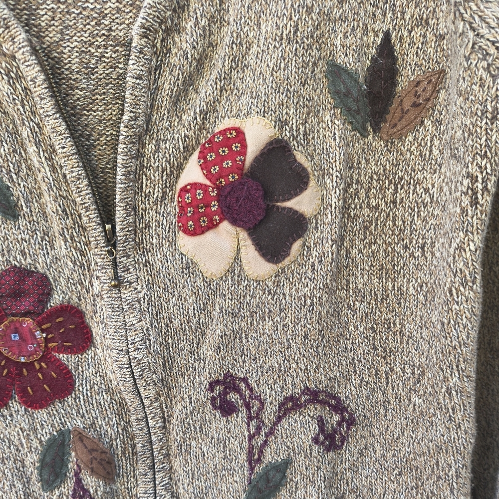 VINTAGE | Crazy HorseLiz Clairborne Zip Cardigan Embroidered Floral Brown - Picture 6 of 9